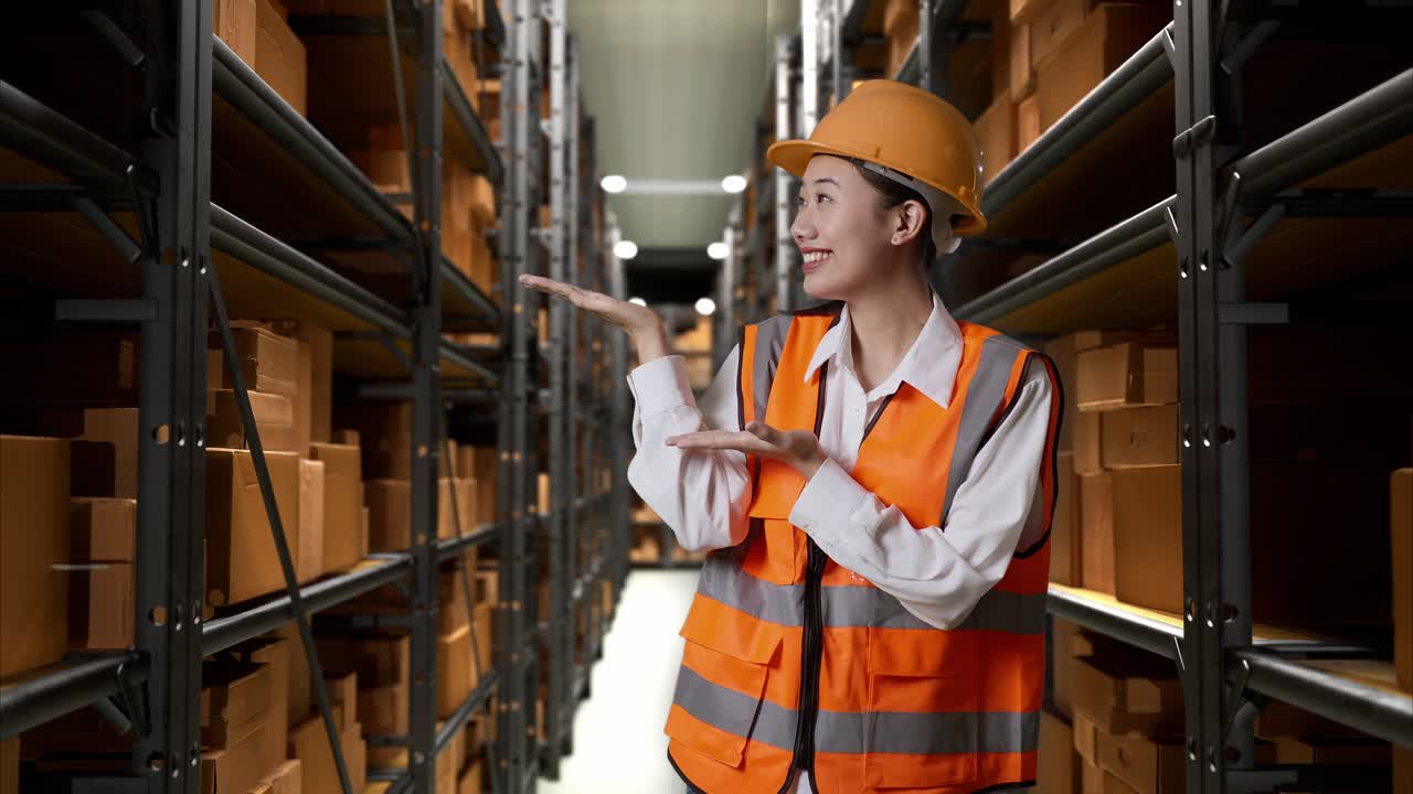 trabajador de almacén que presenta soluciones de almacenamiento