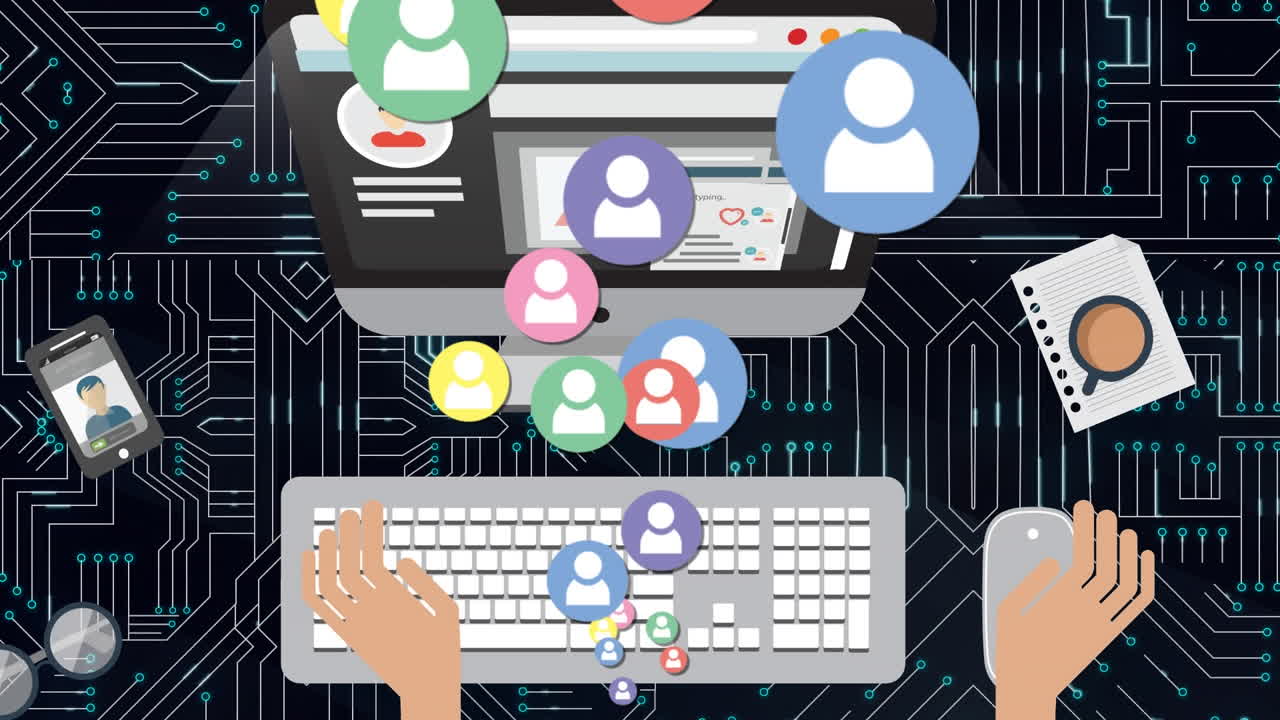 animación de iconos de redes sociales y manos usando computadora sobre placa de circuito de computadora