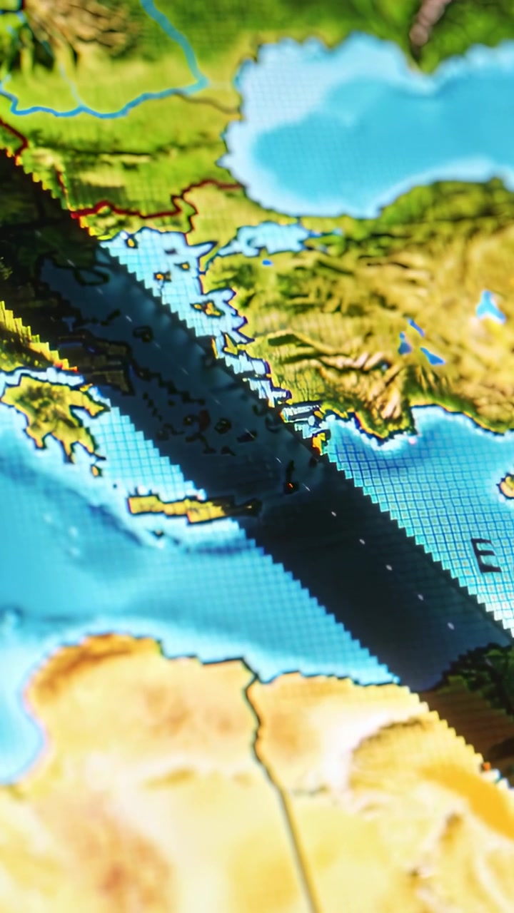 Vídeo vertical: Câmera em movimento mostrando grade de mapa do Mediterrâneo Oriental em close-up, trazendo vista da costa e faixa