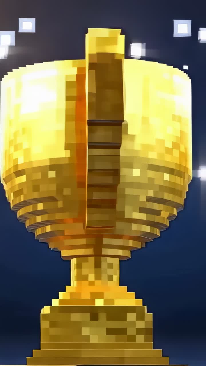 Vertical video: Pulling back camera presenting voxel gold trophy on dark blue bg, glowing squares