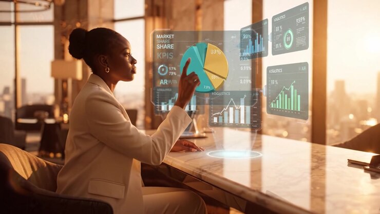 A Businesswoman Analyzes Market Data and Insights with Holographic Displays in a Modern High-Rise Office at Sunset, Symbolizing Innovation and Technology Integration