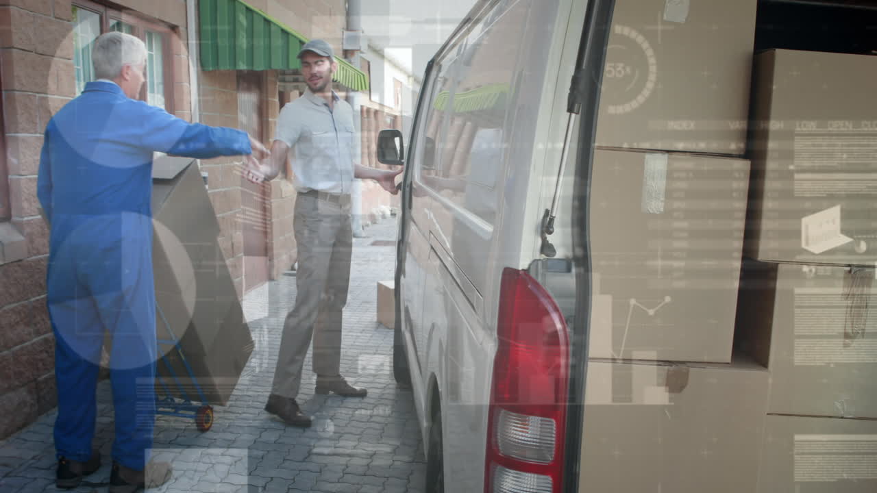 Animation of statistics and financial data processing over delivery man and van