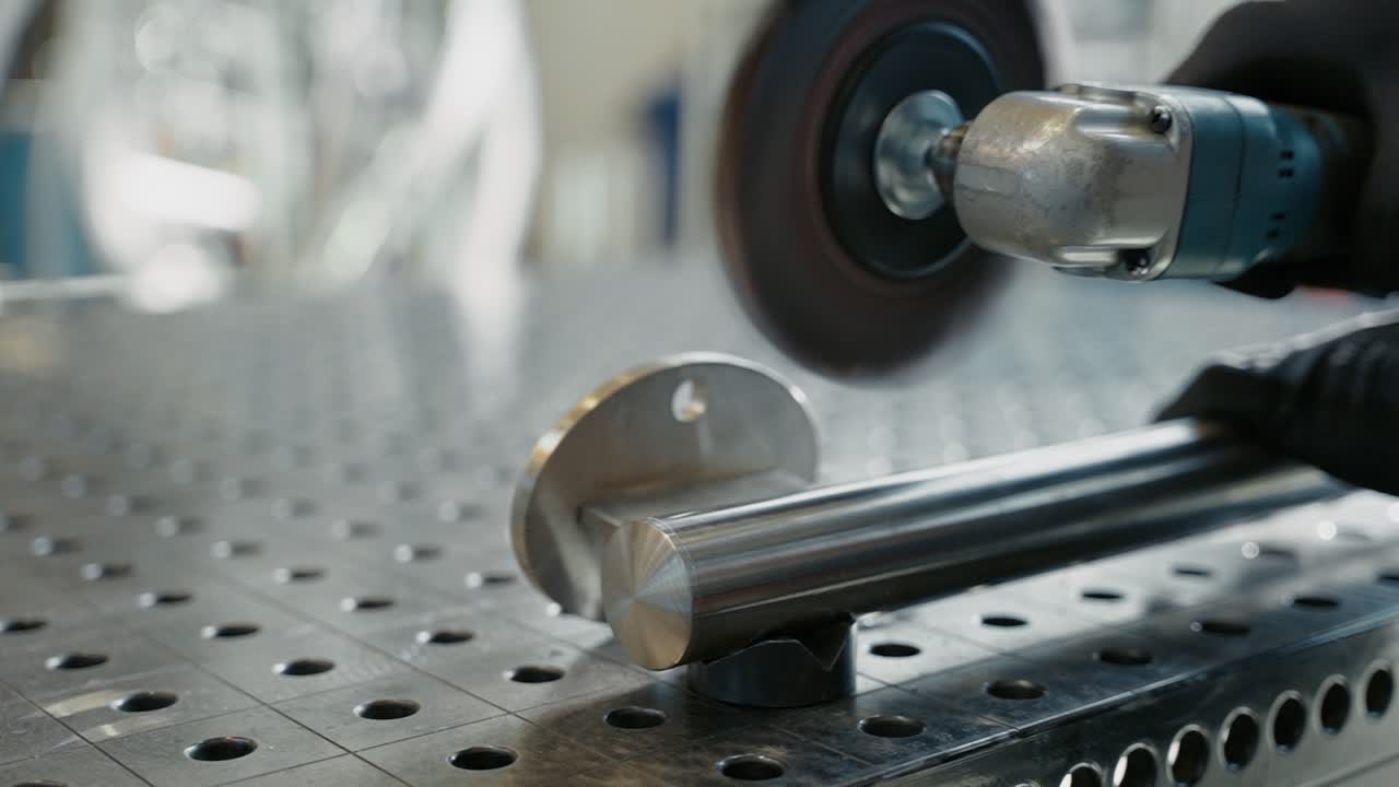 metalúrgico está puliendo una soldadura en un tubo de acero inoxidable