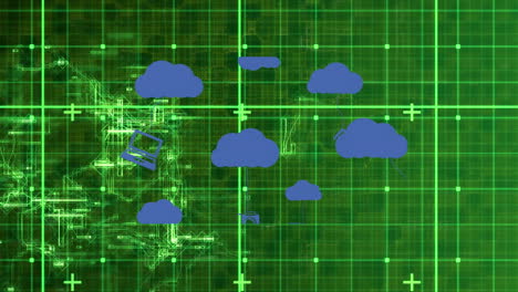 animación de nubes con iconos sobre formas verdes