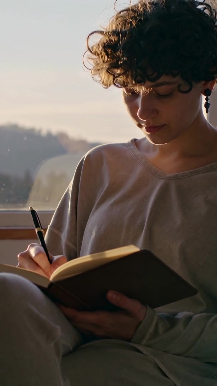 Video verticale: Donna che scrive vicino a una finestra, con una luce calda che stimola la scrittura di appunti in un quaderno rilegato con una penna.