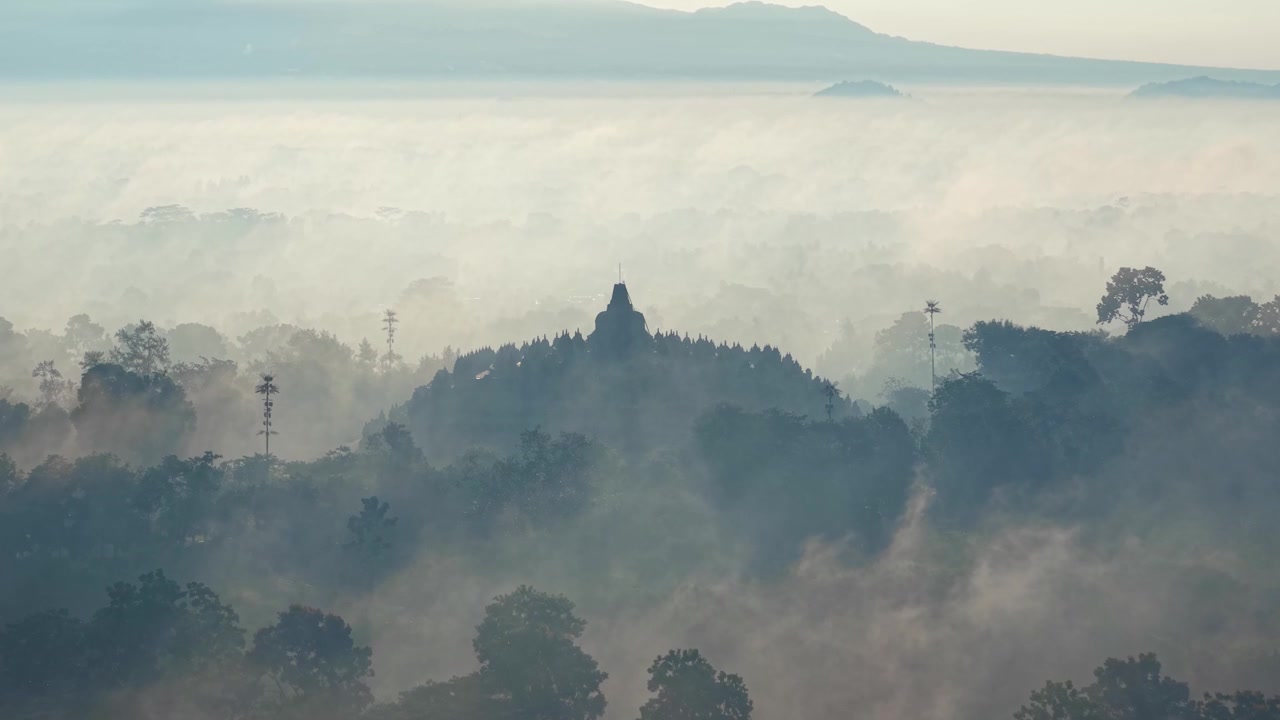 Tempio di Borobudur che emerge dalla nebbia, scena drammatica dell'alba e lussureggiante foresta verde circostante.