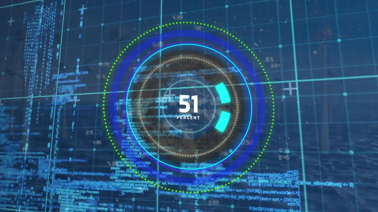Animation of data processing and loading scope scanning over blue background