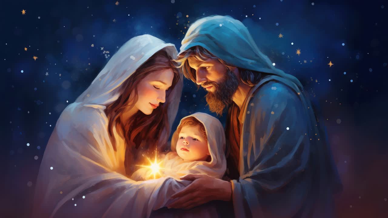 A serene, close-up video scene of a holy family in a soft, glowing light