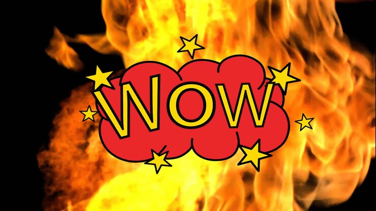 Wow text on retro speech bubble against flames on black background
