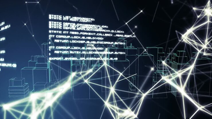 Animation of data processing and network of connections over 3d cityscape drawing