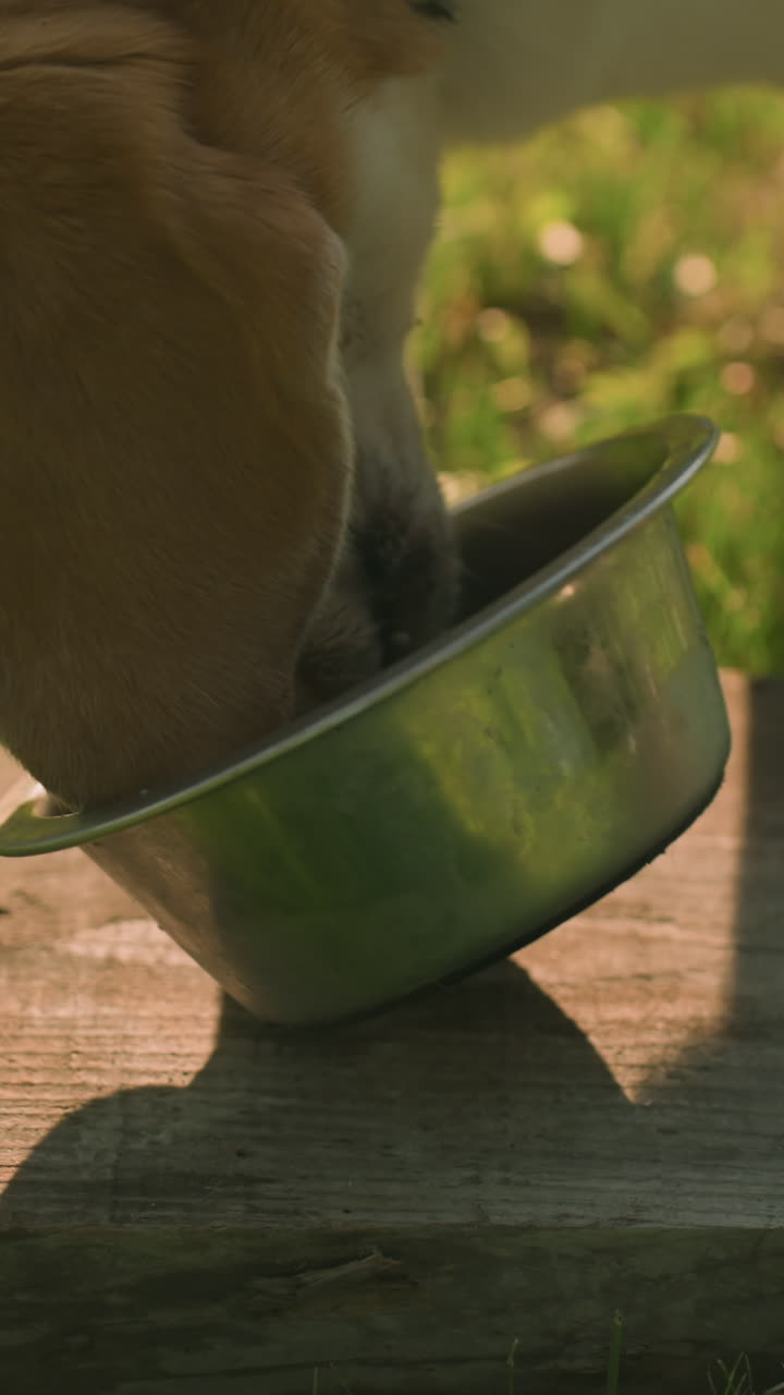 close up de perro en correa comiendo de un cuenco de metal inestable colocado en una tabla de madera en un exuberante jardín al aire libre bajo la cálida luz del sol, el fondo presenta vegetación