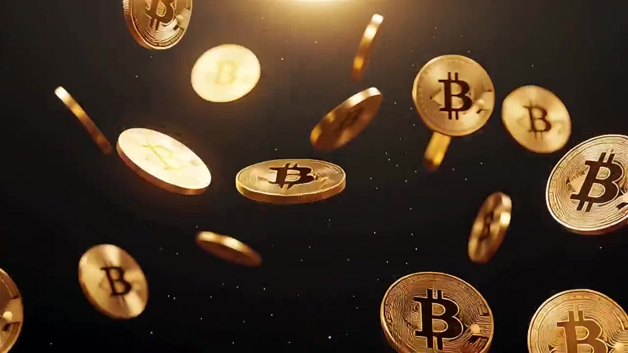 Bitcoin in rotazione su sfondo nero drammatico 4k