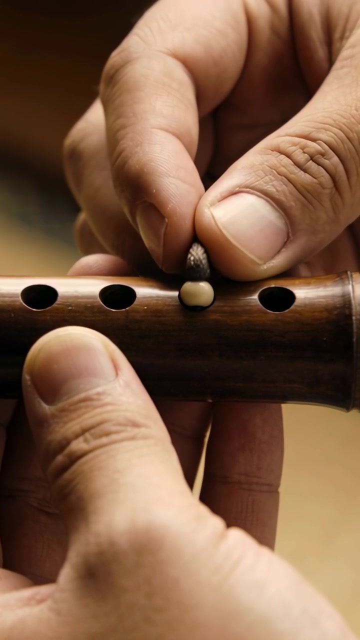 Video verticale: Mani di un artigiano che riparano, posizionando una perlina nell'incavo di un flauto di legno in bottega, sigillando il foro.