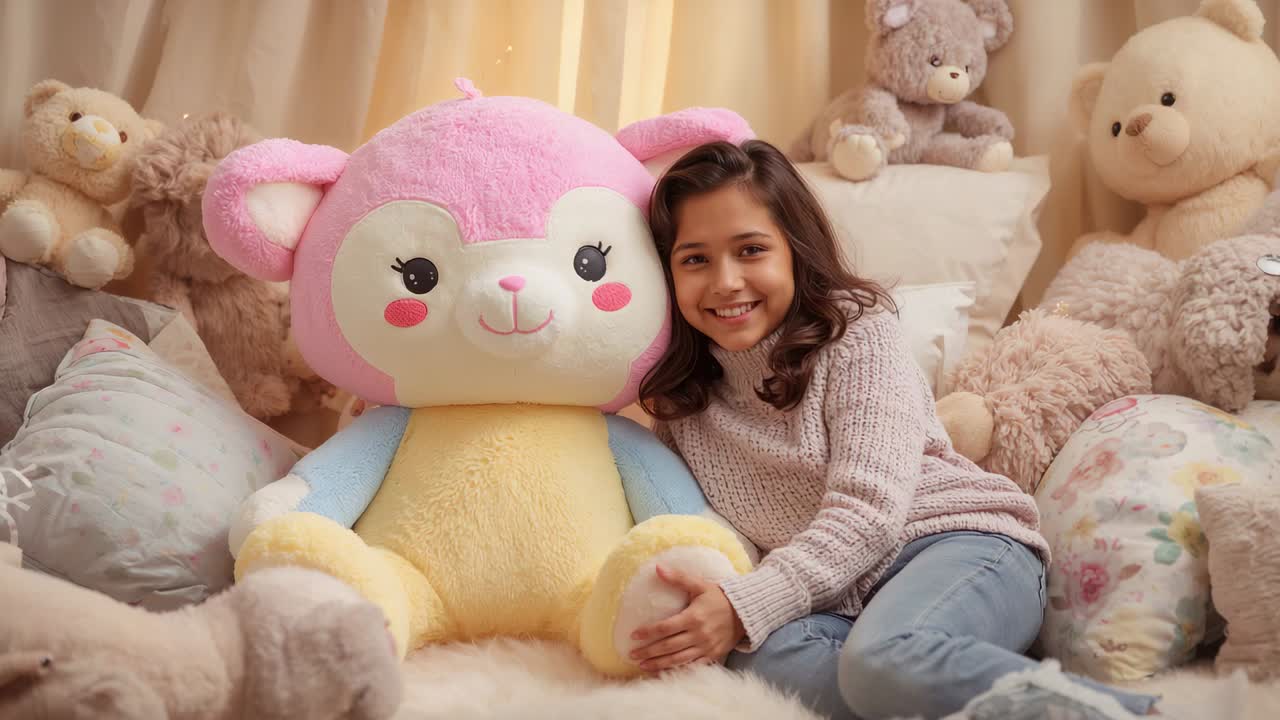 Un niño sonriente, con un jersey de punto y vaqueros, que responde a la cámara al encenderse, sujetando un peluche pastel en la cama