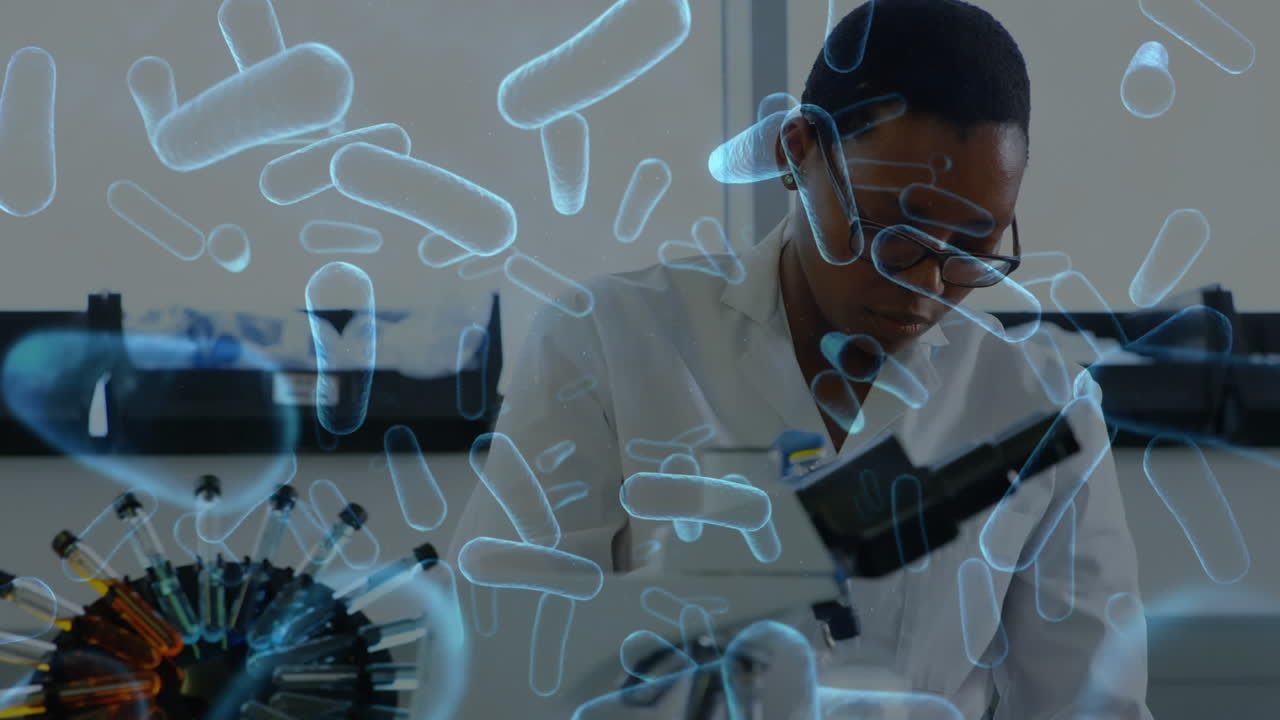 animación de células de coronavirus sobre una mujer en el laboratorio