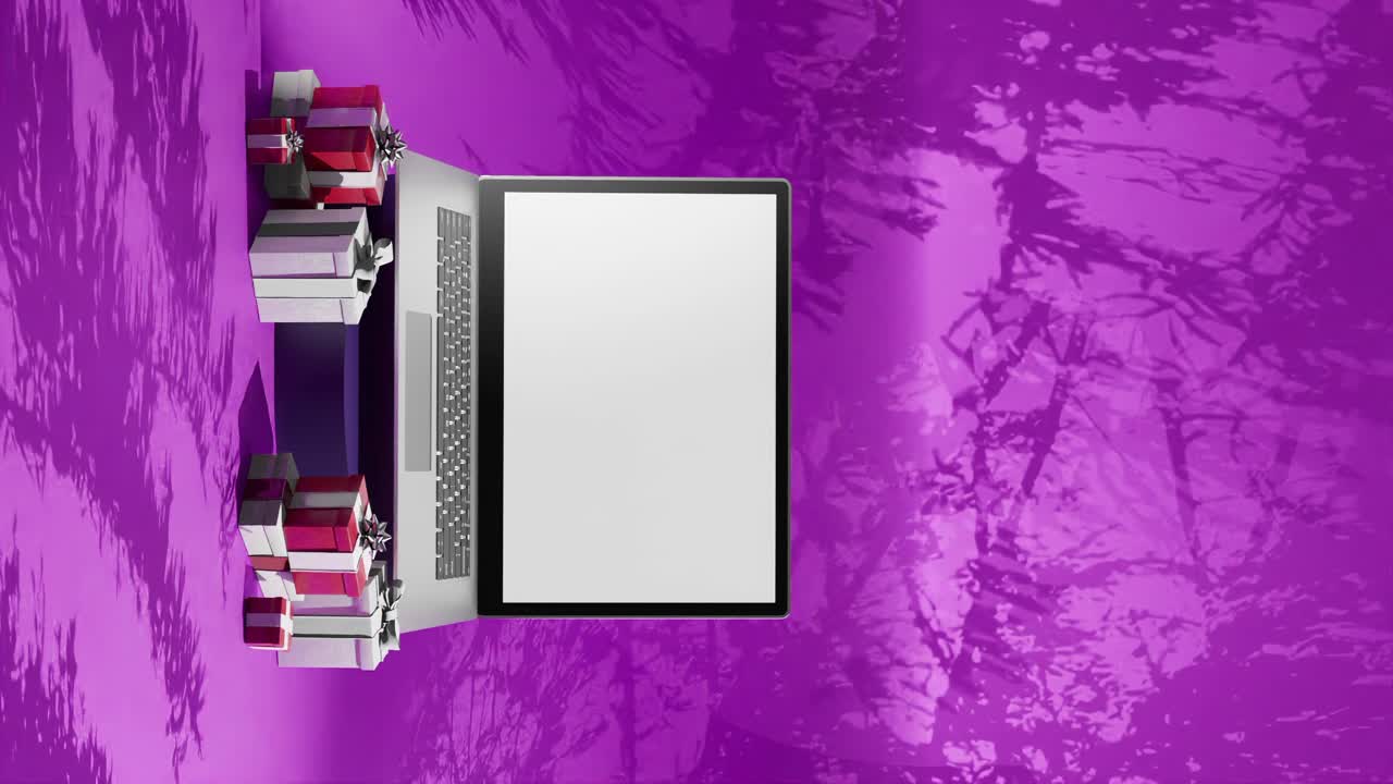 pantalla de computadora portátil en blanco con regalos de navidad con bg púrpura, animación 3d vertical