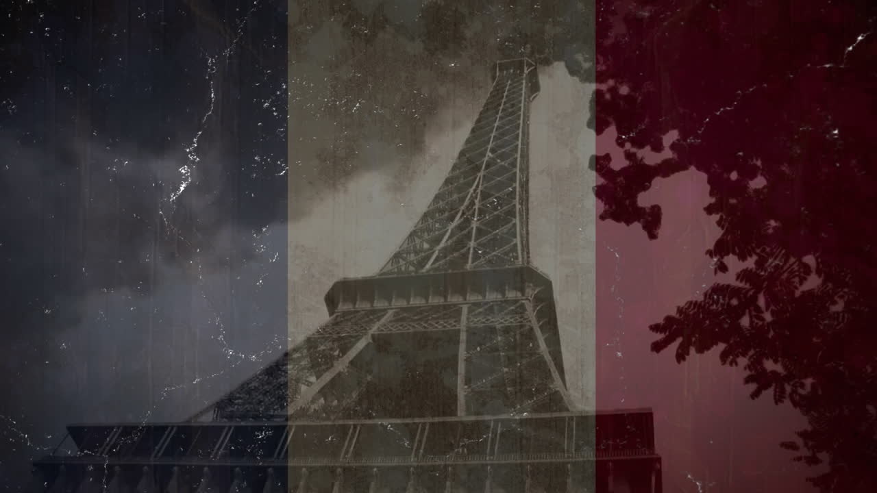 Animation of flag of france and eiffel tower background