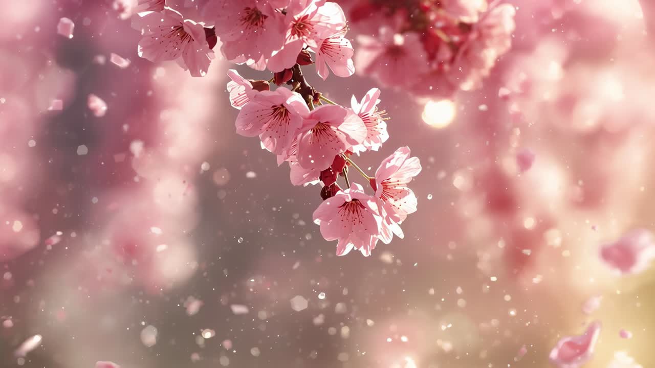 Blowing gentle breeze sending pink cherry petals and pollen across spring orchard, focused cluster