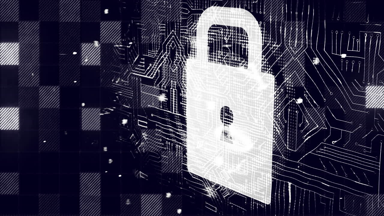Animation of padlock and computer circuit board over black background