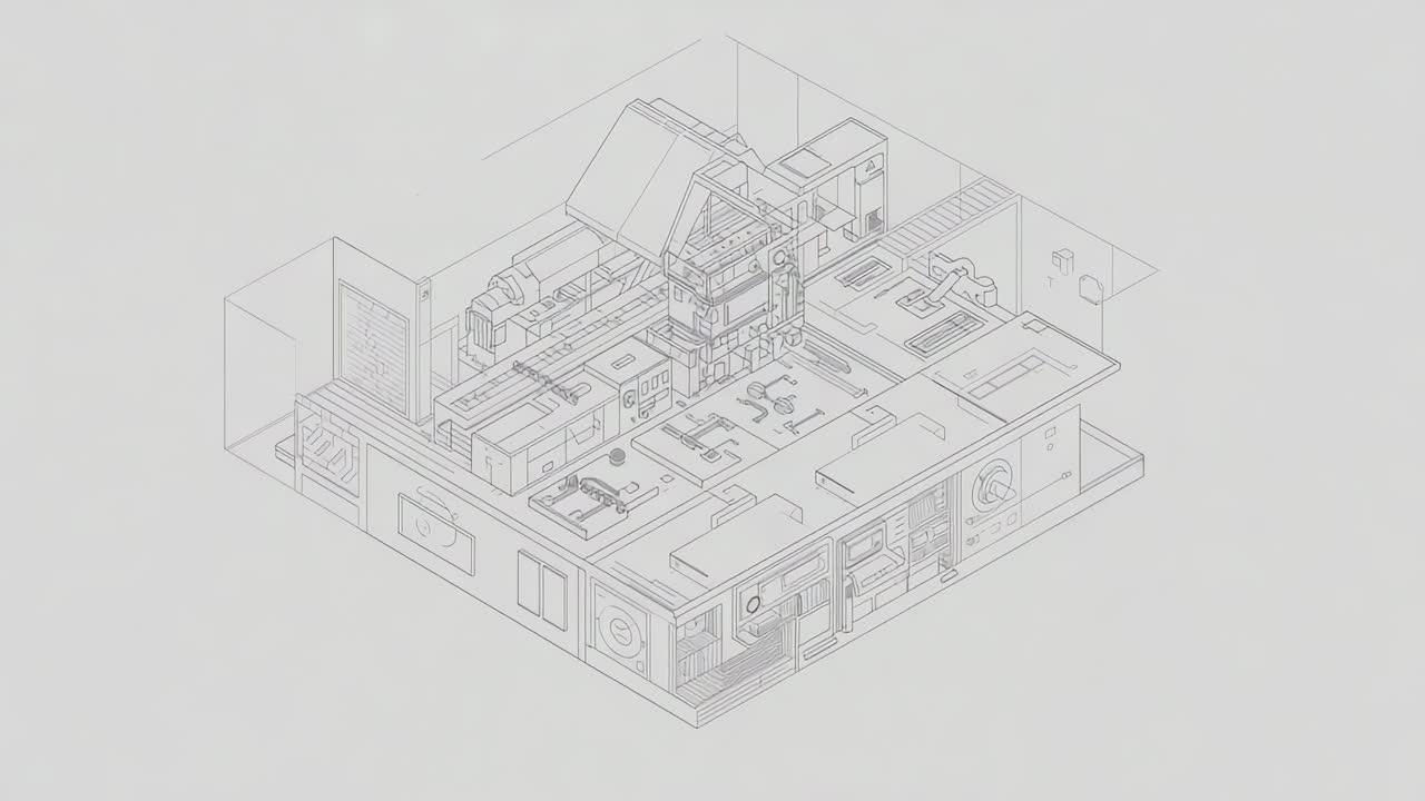 Showing iso model via frames, camera shifting and lines clarifying on gray, revealing gable roof