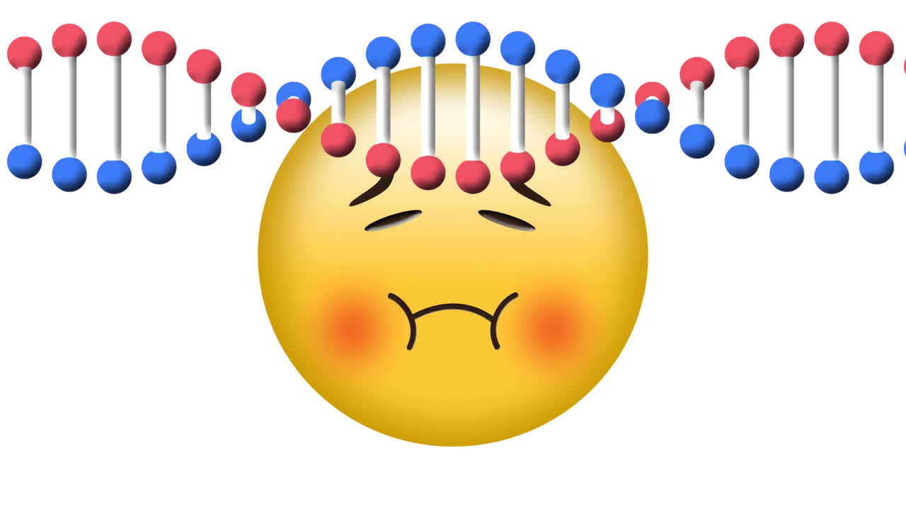 백색 배경에 있는 병자 얼굴 이모티콘 위에 회전하는 dna 구조의 디지털 애니메이션
