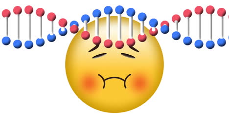 animación digital de la estructura del adn girando sobre el emoji de la cara del enfermo contra un fondo blanco