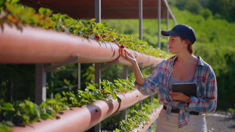 woman farmer inspecting strawberries in vertical hydroponic farm