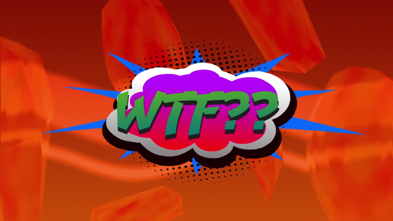 animación de texto wtf en letras verdes en burbuja de habla retro sobre fondo rojo con patrones