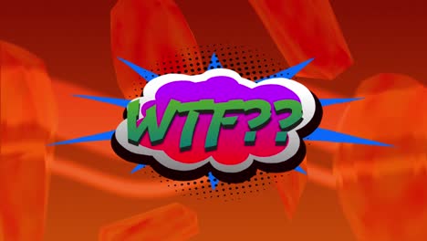 Animation-of-wtf-text-in-green-letters-in-retro-speech-bubble-over-patterned-red-background