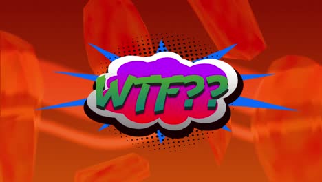 animation of wtf text in green letters in retro speech bubble over patterned red background