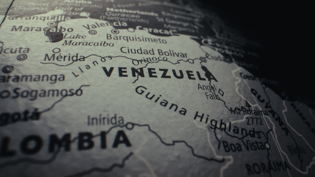 Close-up of a vintage world map, focusing on Venezuela and Colombia