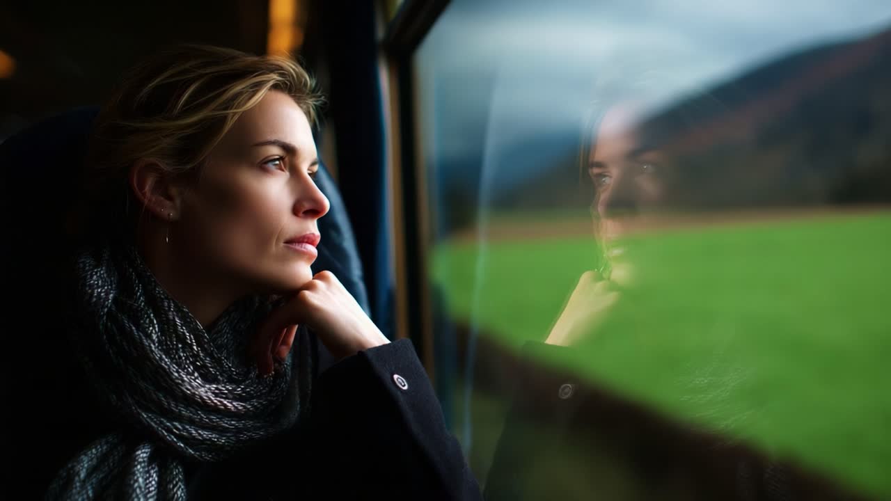 Contemplative Woman Gazes Out the Train Window, Reflecting on Nature’s Beauty and Her Inner Thoughts, Capturing a Moment of Tranquility and Serenity During Travel