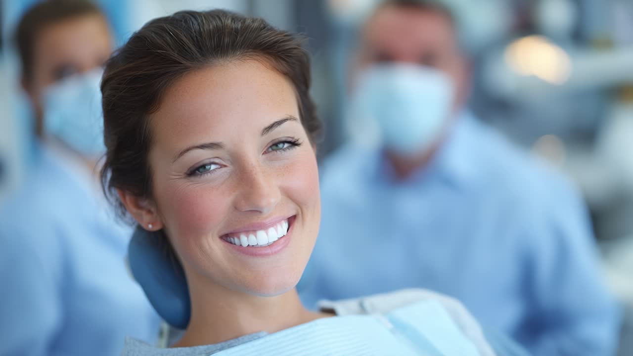Paziente sorridente nello studio dentistico: una serie di fotogrammi che mostrano un'esperienza dentale positiva con professionisti della salute sullo sfondo.