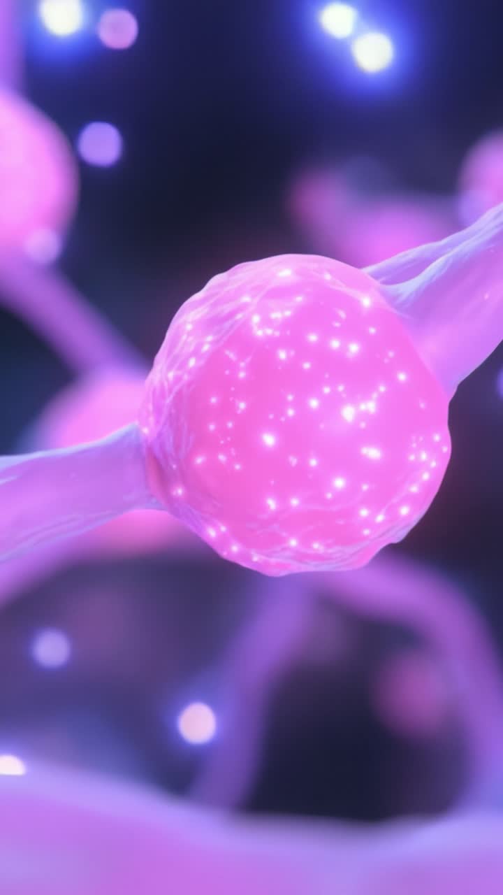 Primer plano cautivador de una célula rosa vibrante con partículas luminosas en un hermoso fondo abstracto, destacando las maravillas de las estructuras celulares y la biología.