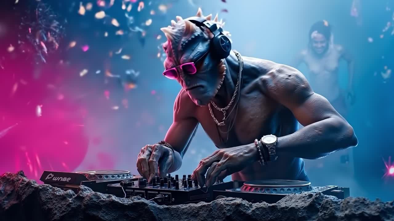 A man in a mask and sunglasses playing a dj set on a turntable