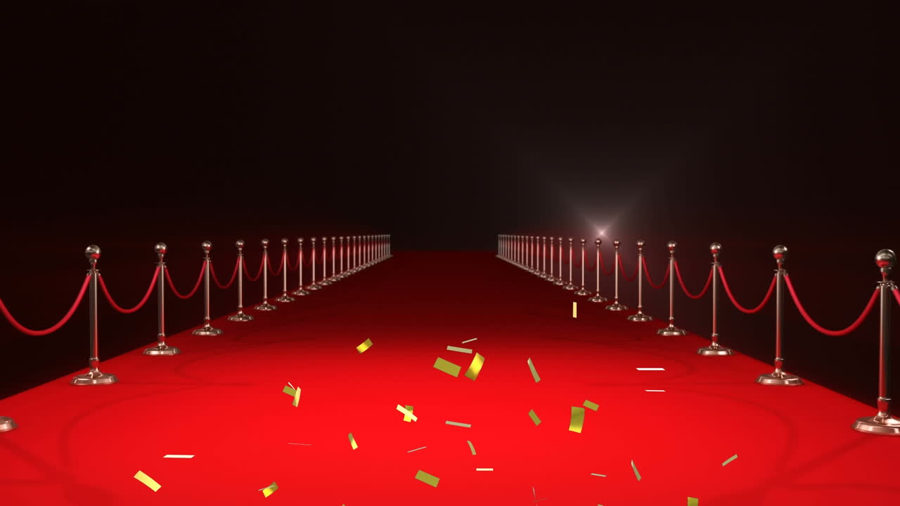 animación de confeti dorado cayendo sobre el lugar de la alfombra roja, con bombillas de flash de paparazzi
