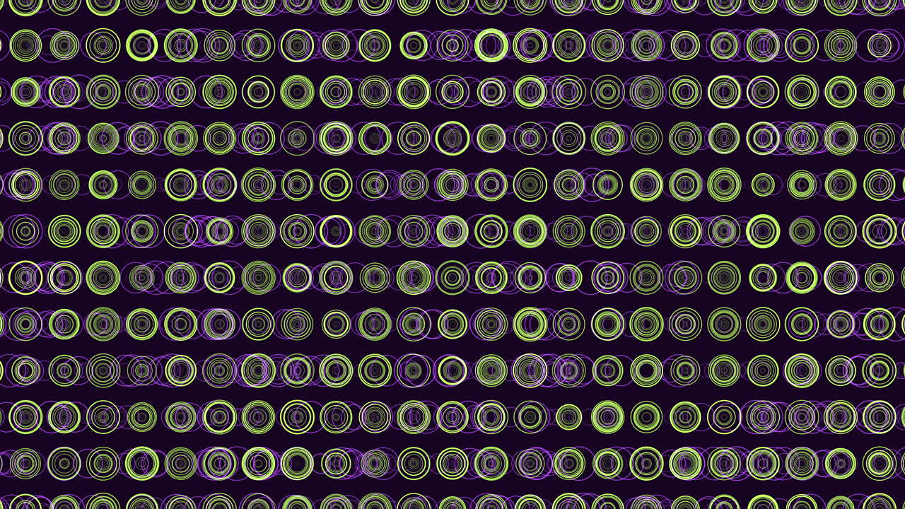 Abstract footage of neon concentric circles in a repeating grid on dark background, creating a futuristic geometric pattern for technology, music visuals, and design