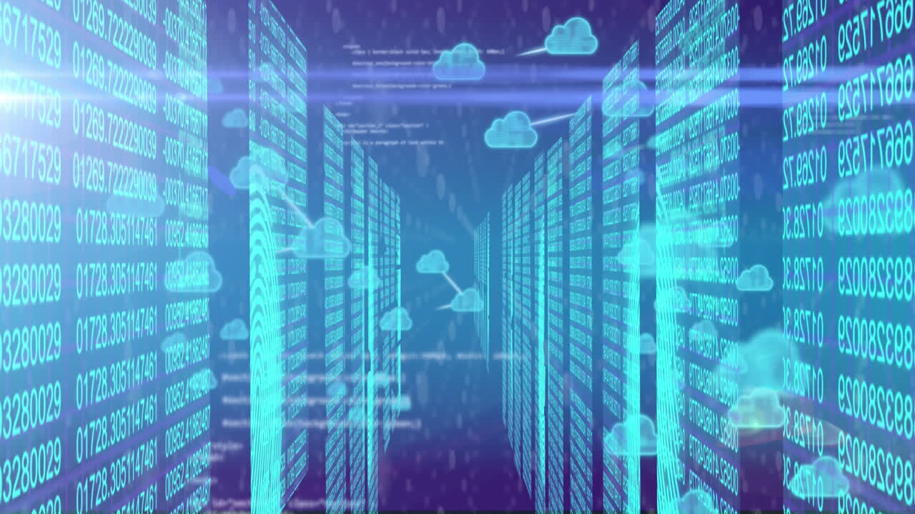 Animation of cloud icons, data processing and connections over computer servers
