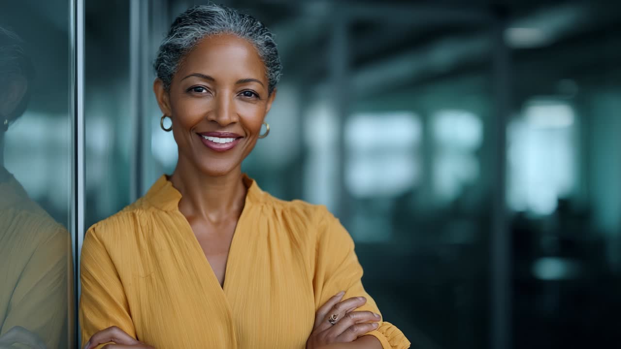 Confident Woman with Graying Hair in Yellow Blouse Smiling Brightly in Modern Workspace, Radiating Positivity and Professionalism while Leaning Against Glass Partition with Reflective Surface