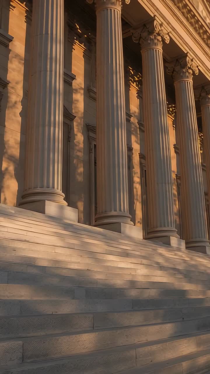 Video verticale: inclinazione della camera che rivela un colonnato, capitelli e ampi gradini sulla facciata, ombre degli alberi