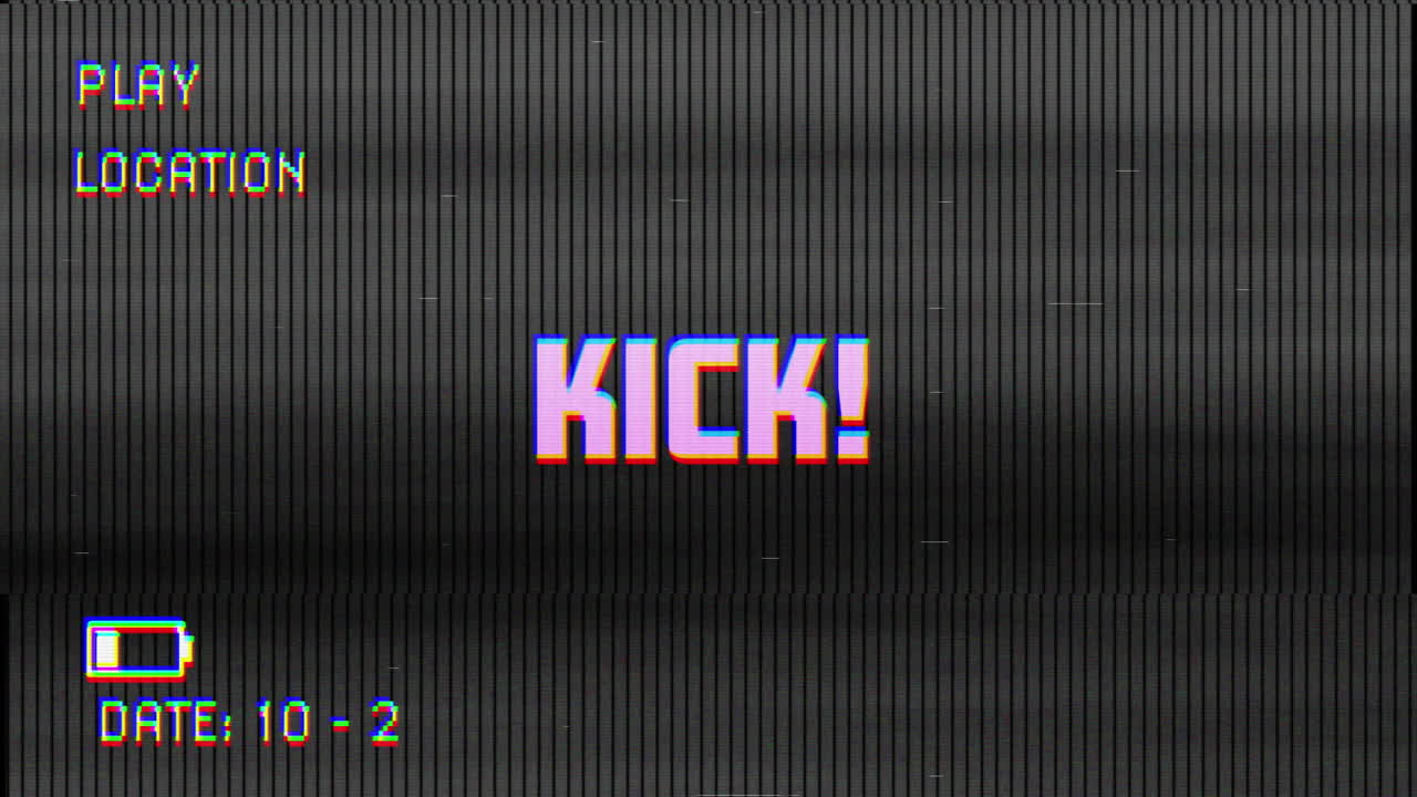 Digital animation af glitch VHS-effekt over tekst 'kick' mod sort baggrund