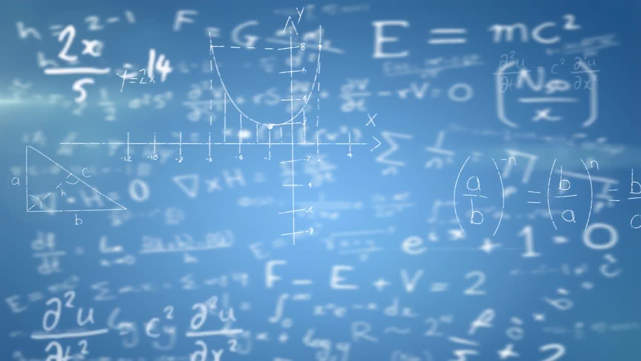 animación digital de ecuaciones matemáticas y diagramas flotando contra un fondo azul