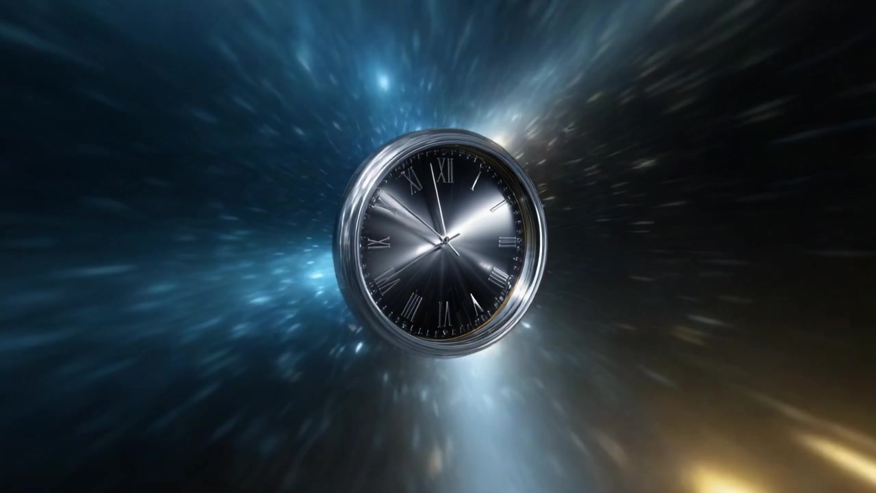 Un orologio ipnotizzante che sfreccia attraverso un vuoto cosmico, raffigurante l'essenza del viaggio nel tempo e la relazione dinamica tra tempo e spazio in uno spettacolo visivo mozzafiato.