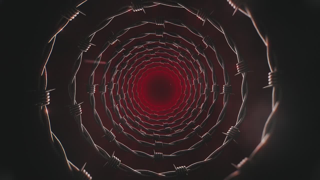 anillos de alambre de púas giratorios en un telón de fondo rojo oscuro