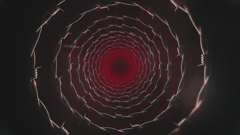 anillos de alambre de púas giratorios en un telón de fondo rojo oscuro
