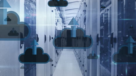 animation of digital clouds with arrows and data processing over computer servers
