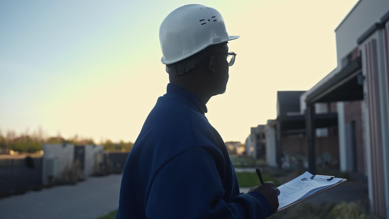Construction Worker with Clipboard Inspecting Building