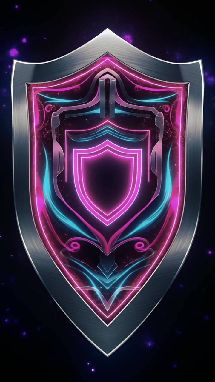 Animated Metallic Shield with Glowing Neon Pink and Blue Energy
