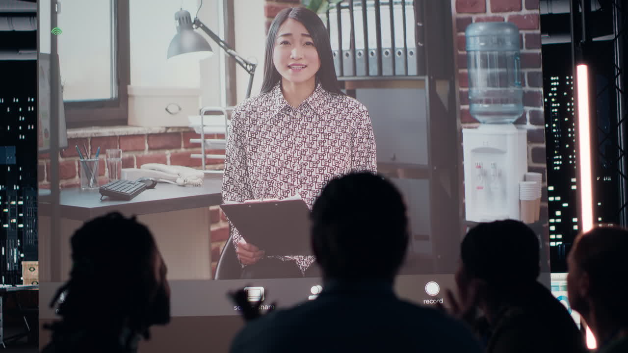 Diverse company staff joining a video call online with the CEO late at night