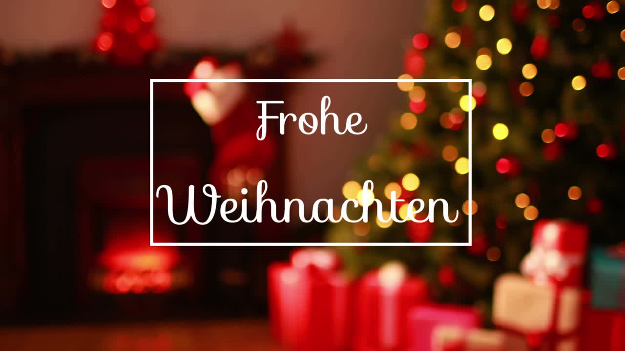 Animation des Grußtextes „Frohe Weihnachten“ in einem Rahmen über Weihnachtsbaum und Geschenken